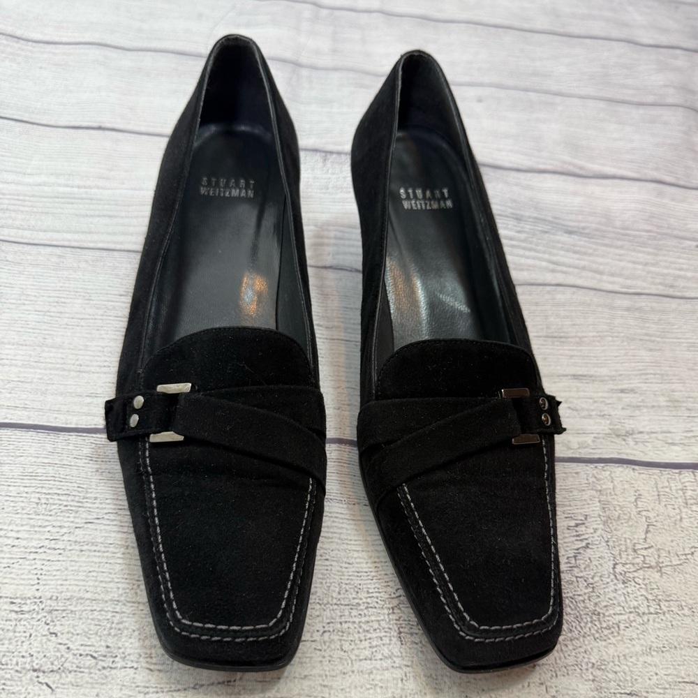 Stuart Weitzman Black Suede Kitten Heel Loafers Size 8 Classic Chic - Picture 15 of 16